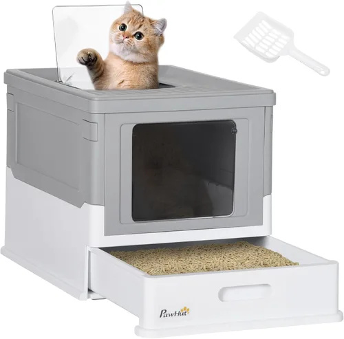 Vista 11 de PawHut Caja de arena para gatos, cubierta, lados altos, ambientador, entrada bidireccional, plegable, fácil de limpiar, blanco y negro