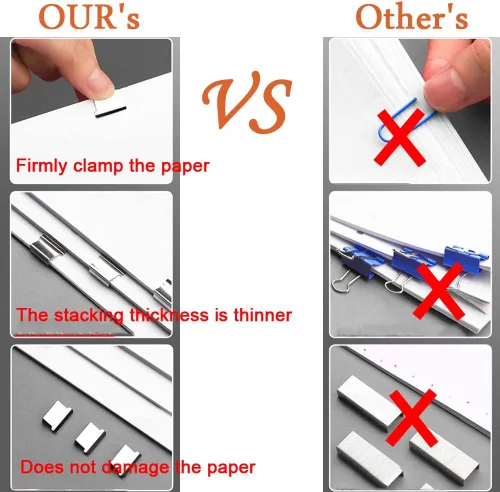 Vista 6 de Engrapadora de empuje, clips para carpeta, abrazaderas de papel, grapadora de escritorio con 50 clips de repuesto de acero inoxidable reutilizables