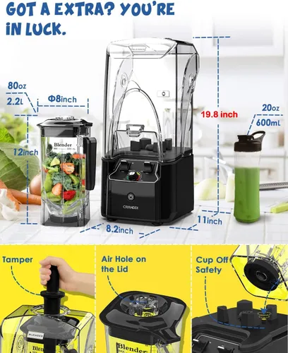 Vista 5 de CRANDDI Licuadora comercial silenciosa con escudo insonorizado, licuadoras profesionales de 2200 vatios para cocina con tarro de 80 onzas y Negro