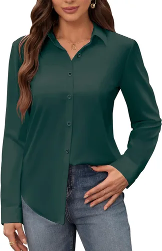 Vista 17 de Siliteelon - Camisas de vestir para mujer, a prueba de manchas, sin arrugas, de manga larga, sólidas, para trabajo y negocios, con botones