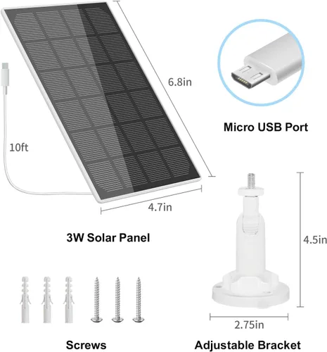 Vista 3 de GMK Panel solar de 3 W para cámara de seguridad, puerto USB-A de 5 V con cable de carga de 10 pies, compatible con cámara recargable con batería