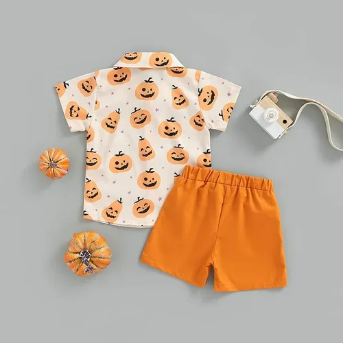 Vista 3 de Conjunto de ropa de 2 piezas con botones de calabaza y solapa para niños pequeños y niños pequeños