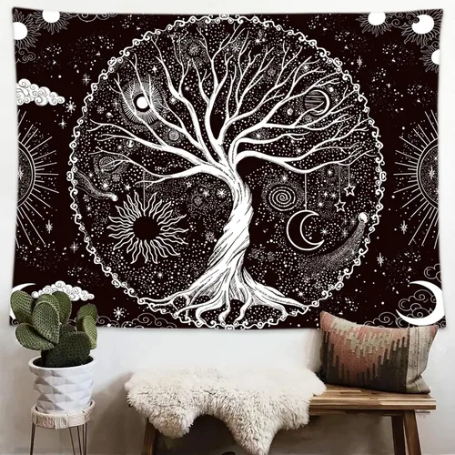 Vista 3 de Wonrizon Tapiz del árbol de la vida, tapiz espacial de galaxia en blanco y negro, decoración estética psicodélica para colgar en la pared para sala