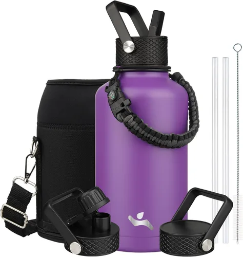 Vista 102 de Konokyo - Botella de agua aislada de 18 onzas, botellas deportivas de acero inoxidable con 3 tapas, verde militar