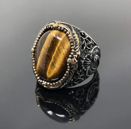 Vista 5 de KAR Anillo de ojo de tigre natural para hombre de plata de ley 925K estampado I1B