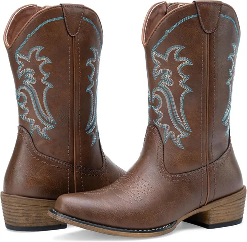 Vista 9 de Jeossy Botas vaqueras para mujer, vaquera occidental, a media pantorrilla, puntera redonda, bordadas, con cremallera