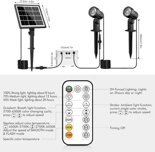 Vista 7 de MEIHUA Focos solares para exteriores 2 en 1, focos solares para paisajes de 2700 K/4000 K/6500 K, 3 brillos con control remoto, IP66 impermeable