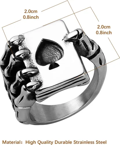 Vista 5 de HZMAN Anillo de acero inoxidable para hombres y mujeres, diseño de calavera gótica con garra de mano, cartas de juego Ace of Spades, para regalo