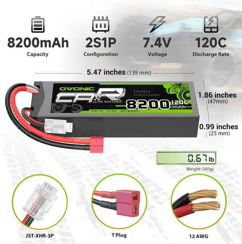 Vista 2 de OVONIC 2S Lipo Batería 7.4V 8200mAh 120C Lipo con conector T (paquete de 2)