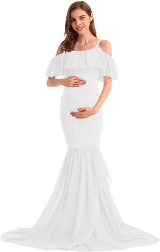 Vista 37 de MYRISAM Vestido de maternidad con volantes y hombros descubiertos para mujer, vestido de fiesta de sirena de gasa, vestido ajustado