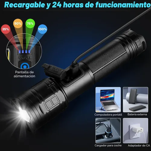 Vista 3 de Linternas Recargables de 90,000 Lúmenes Altos - Paquete de 2, Linterna Súper Brillante con 7 Modos de Iluminación, Linterna Potente de Larga Vida