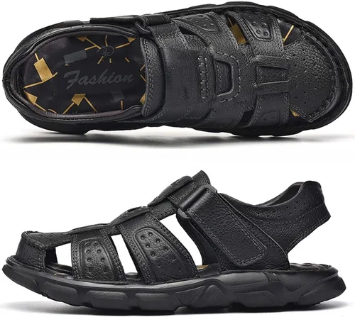 Vista 6 de Feichi Sandalias deportivas para hombre, puntera cerrada, sandalias de cuero hechas a mano, ajustables, para verano, pescador, zapatos de playa