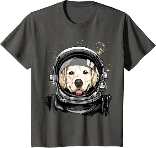 Vista 78 de Camiseta para amantes de los perros de los astronautas del espacio exterior Golden Retriever Lover, Negro