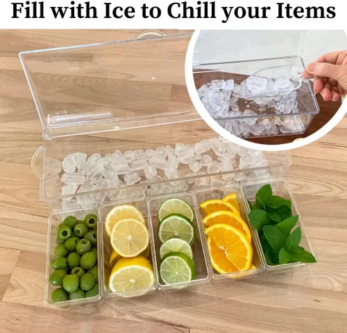 Vista 6 de Evelots Ice Chilled - Bandeja de condimentos de 5 compartimentos con tapa con bisagras, recipiente de plástico para servir para adornar, perfecto