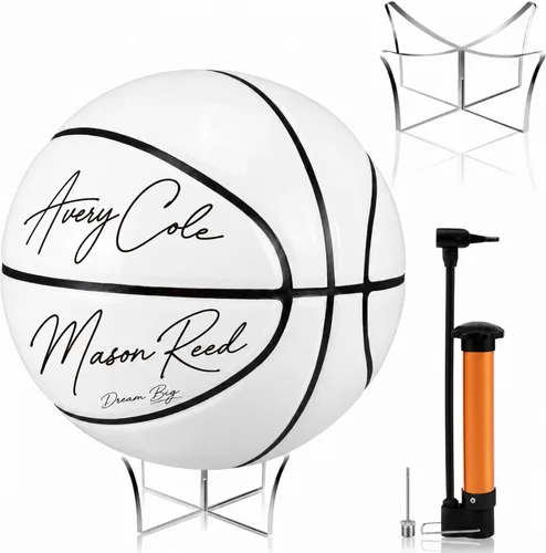 Vista 9 de Hiboom Balón de baloncesto con soporte de bola acrílica, panel en blanco para firma, bola oficial para escuela, universidad, entrenador, graduación