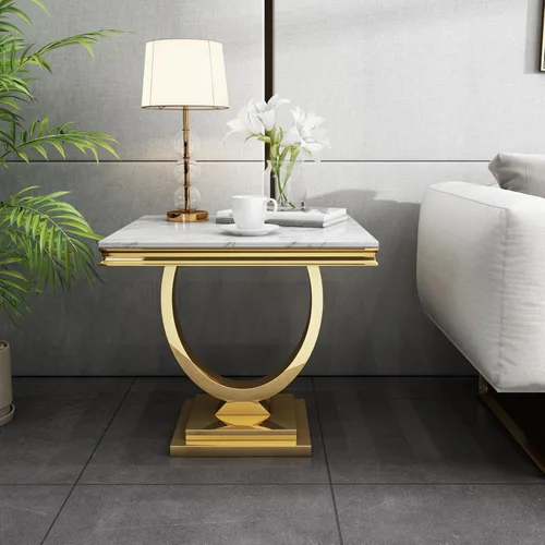 Vista 2 de Mesa auxiliar moderna de mármol sintético, mesa auxiliar de mármol sintético con marco geométrico, mesa central rectangular de mármol, mesa de té