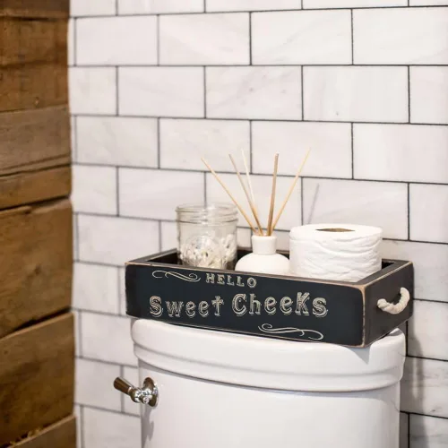 Vista 7 de MAINEVENT - Caja de decoración de baño con frase "Hello Sweet Cheeks", una caja con diseño en 2 lados, organizador de baño de estilo granja