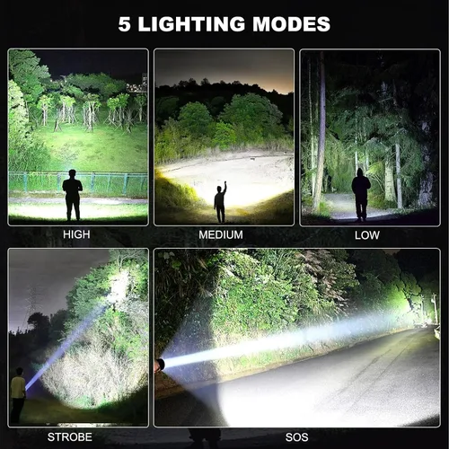 Vista 5 de Paquete de 3 linternas LED recargables de alto lumen, linterna súper brillante de 90,000LM, linterna potente ajustable de 5 modos con cable USB