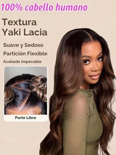 Vista 3 de UNICE - Peluca de encaje frontal de 13 x 4 con reflejos balayage marrón, de cabello humano Yaki liso, todo incluido, sin pegamento, con cordón