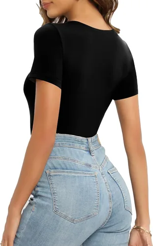 Vista 4 de MANGOPOP Women's Double Layered Short Sleeve Long Sleeve Bodysuit Basic T Shirts Tops