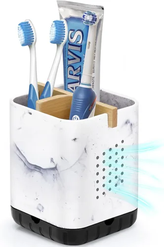 Vista 12 de Boperzi Portacepillos de dientes negros para baño, soporte eléctrico para cepillos de dientes con divisor de bambú, cepillo de dientes