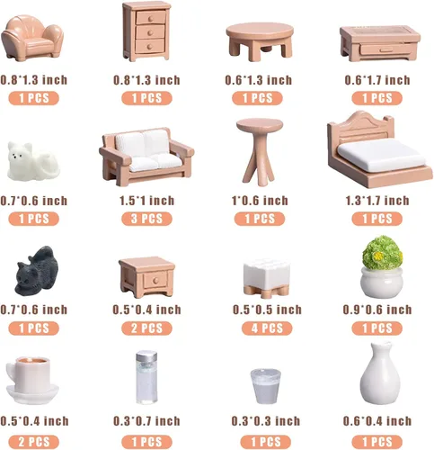 Vista 4 de Juego de 23 piezas de decoración de muebles de casa de muñecas, accesorios de bricolaje, incluyendo comedor, sentado, sala de estar, dormitorio