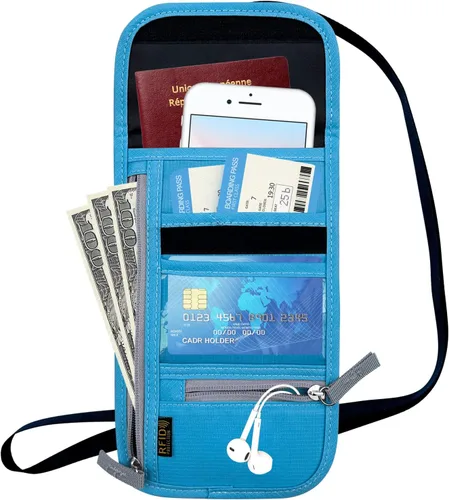 Vista 5 de Cartera de viaje para el cuello, soporte con bloqueo RFID para pasaporte con correa ajustable para hombres y mujeres para mantener efectivo