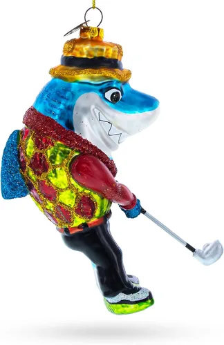 Vista 2 de Adorno navideño de vidrio soplado de tiburón jugando golf