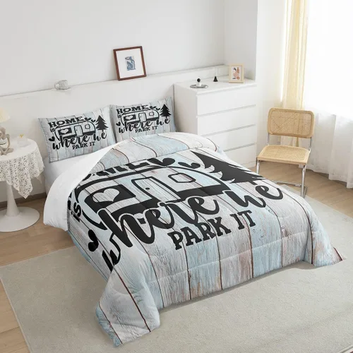 Vista 6 de Juego de edredón rústico de estilo granja para cama Queen, juego de cama divertido donde estacionamos, con 2 fundas de almohada, explore regalos