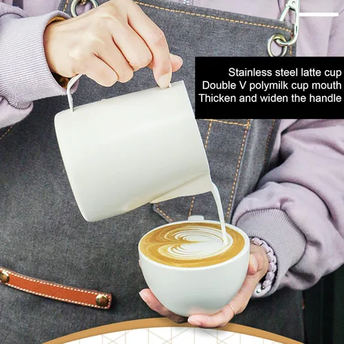 Vista 7 de Jarra de espuma de leche, jarra de vapor de café expreso de leche de acero inoxidable de 24 onzas/23.7 fl oz, herramientas de expreso, arte con Beige