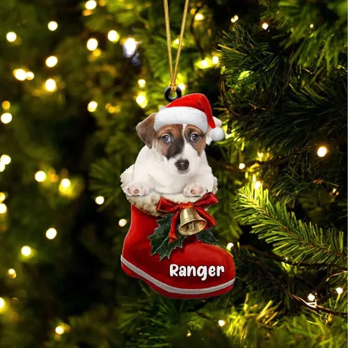 Vista 44 de Amantes de los perros de Navidad – Akita Inu Dog in Santa Boot Adorno de Navidad, adorno personalizado en forma 2D, adorno de Navidad, personaliza