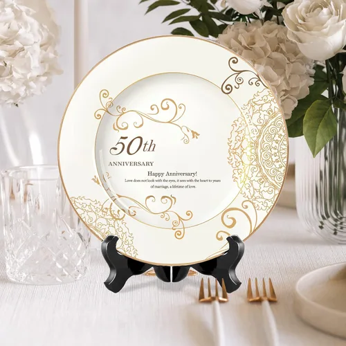 Vista 2 de PuGez Regalos de boda de 50 aniversario para parejas, padres y abuelos, 50 regalos dorados para matrimonio, plato de recuerdo de porcelana dorada