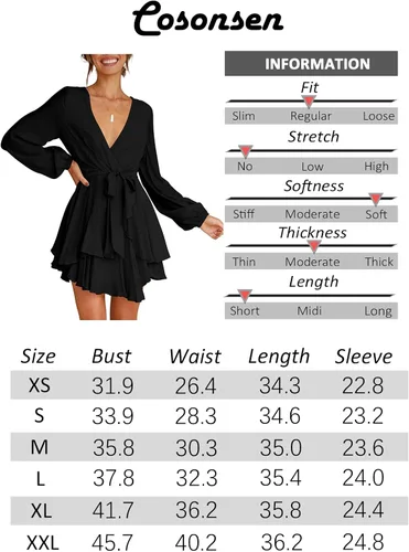 Vista 5 de Cosonsen Vestido corto de mujer con cuello en V profundo, manga larga, cintura con volados, vestido skater