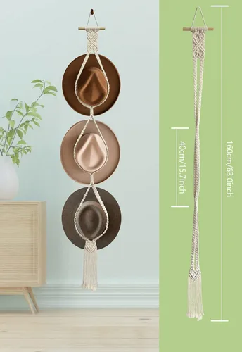 Vista 3 de Besoamo Perchas bohemias para sombreros, organizador de sombreros para pared, macramé para colgar en la pared, tejido a mano, organizador decorativo
