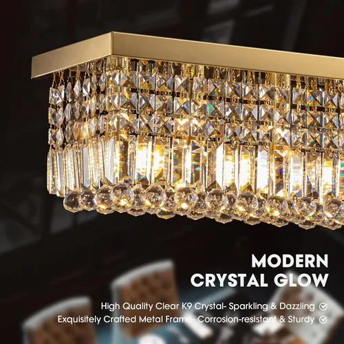Vista 4 de Candelabros Modernos de Cristal para Lámpara de Comedor, Candelabro de Techo Rectangular Dorado de 6 Luces para Isla de Cocina y Sala de Estar