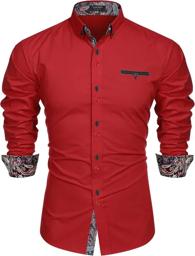 Vista 7 de COOFANDY Camisa de vestir para hombre, manga larga, casual, con botones, de cachemira, para fiesta, boda, vestido Marrón