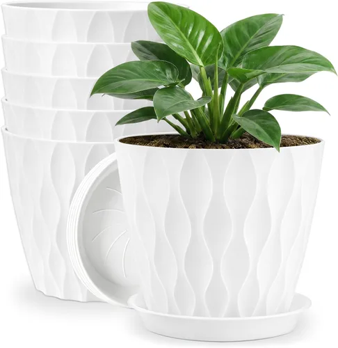 Vista 7 de YNNICO Macetas de 8 pulgadas, paquete de 6 macetas de plástico con drenaje Macetas de plástico ligeras y multicolor para jardín para plantas