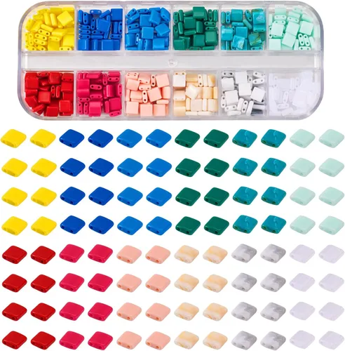 Vista 9 de Pandahall - 200 cuentas de vidrio cuadradas planas, cuentas de Tila de 2 agujeros en 10 colores para hacer pulseras, collares y aretes, joyería