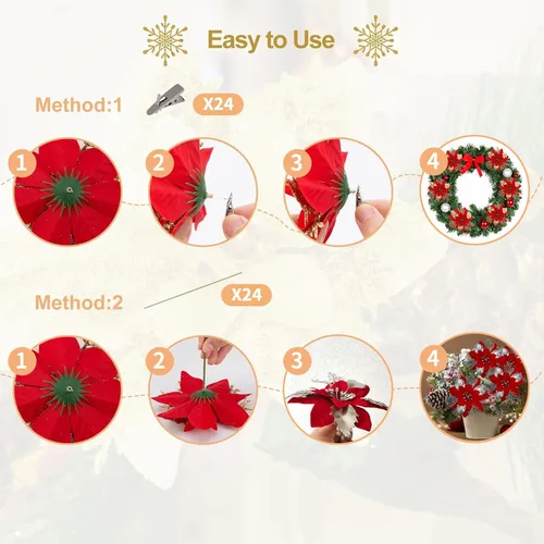Vista 6 de 24 piezas de flores de Pascua doradas de 6 pulgadas para decoraciones de árbol de Navidad - Flores artificiales para adornos de árbol de Navidad