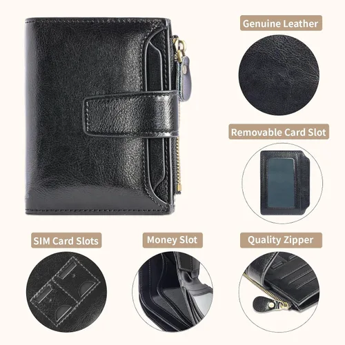 Vista 3 de Cartera pequeña de piel auténtica para mujer, con bloqueo RFID, con ventana de identificación de bolsillo, Negro -, Classic
