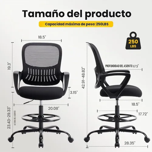 Vista 3 de Sweetcrispy Silla Alta de Escritorio de Dibujo - Taburete Alto Ergonómico para Computadora con Altura Ajustable y Cómodo Soporte Lumbar, Mostrador