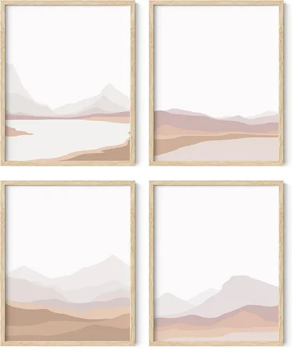 Vista 23 de HAUS AND HUES Arte de pared de montaña – Juego de 4 decoración de paisaje moderno de mediados de siglo, naturaleza y arte moderno Marco beige de 8