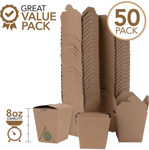 Vista 3 de Contenedores de comida para llevar de 8 onzas, de papel kraft marrón, mini caja china para llevar (paquete de 50) cajas apilables resistentes a