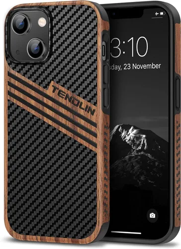 Vista 24 de TENDLIN Compatible con Funda para iPhone 14 de Grano de Madera con Diseño de Textura de Fibra de Carbono, Funda Híbrida de Cuero delgada Negra Negro