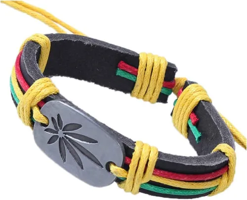 Vista 3 de Art Attack Weed 420 Marihuana CBD THC Pot Leaf Rastafari Jamaica Hip Hop Rap Pulsera ajustable, Cuero sintético