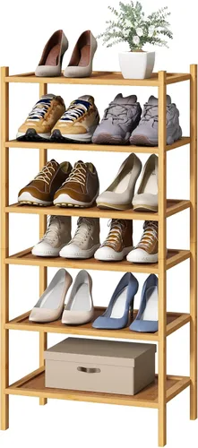Vista 7 de kiplant Zapatero de bambú negro de 2 niveles, zapatero apilable de madera de bambú para armario, entrada y pasillo