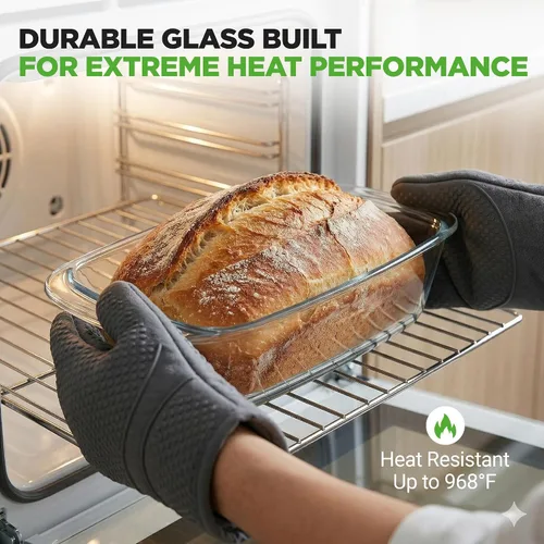 Vista 3 de NutriChef Juego de 4 moldes de vidrio para pan con tapas, apilables de 1.9 cuartos de galón / 62 onzas, 2 recipientes de almacenamiento de alimentos