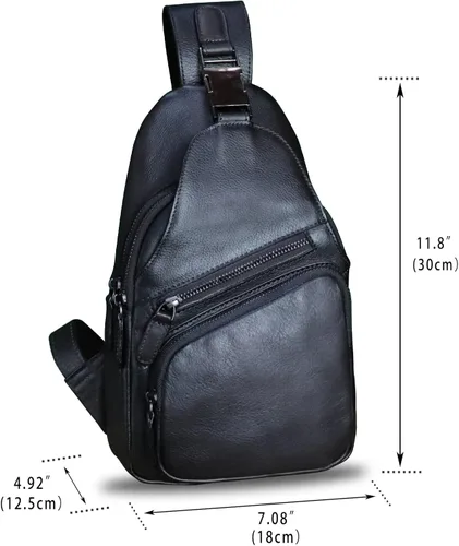 Vista 5 de LRTO Bolso de cuero genuino para hombres y mujeres, estilo vintage, de cuero auténtico, bandolera de hombro, bolso cruzado en el pecho, Grisoscuro