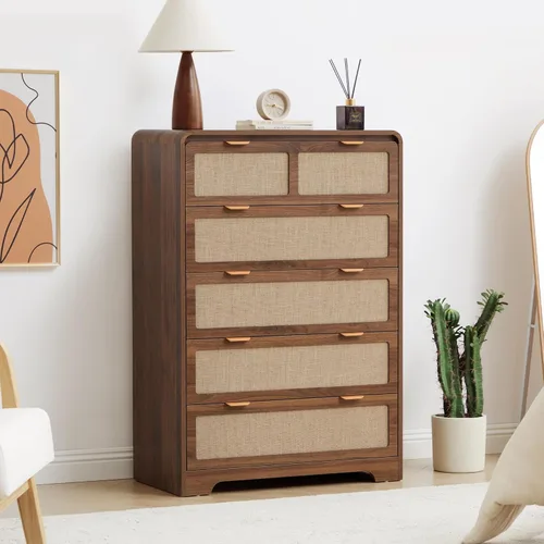 Vista 12 de Cómoda moderna de mediados de siglo para dormitorio con 4 cajones, cómoda de 35 pulgadas de alto con lino natural, cómoda de madera curvada