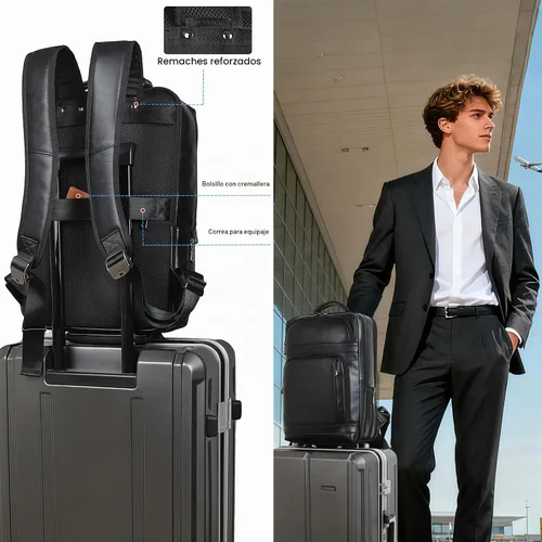 Vista 4 de Masa Kawa Mochila de cuero negro, 16" bolsa de viaje de trabajo de negocios